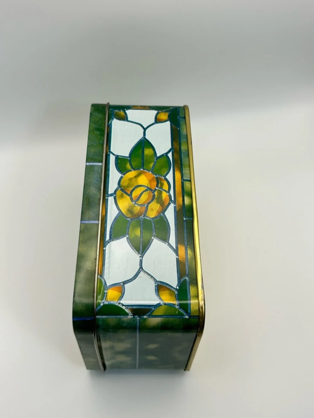 Vintage Stained glass Rose Tin Rectangular Storage Box Green White Orange Yellow